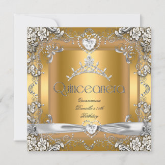 Quinceanera 15. Geburtstag Tiara Gold Weißes Silbe Einladung