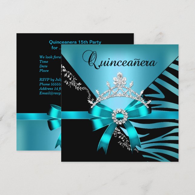 Quinceanera 15. Geburtstag Zebra Blue Black Tiara Einladung (Vorne/Hinten)