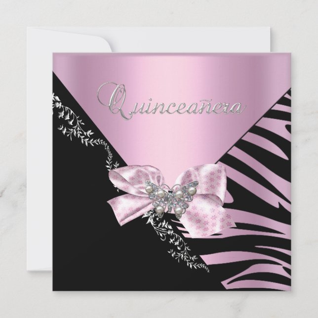 Quinceanera 15 Geburtstag Zebra Pink Schwarzes Sil Einladung (Vorderseite)