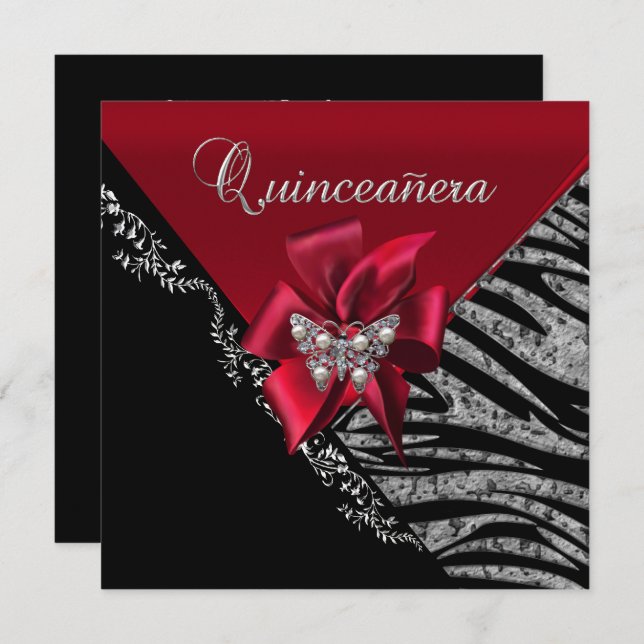 Quinceanera 15 Geburtstag Zebra Red Black Silver Einladung (Vorne/Hinten)