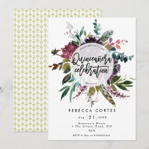 Quinceanera 15. Geburtstagsfedern Blumengewächse Einladung