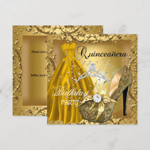 Quinceanera 15. Geburtstagsfeier Goldkleid Tiara Einladung