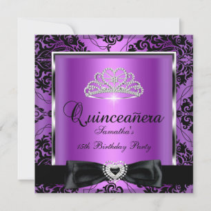 Quinceanera 15. Geburtstagsfeier Lila Damast Silbe Einladung