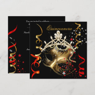 Quinceanera 15. Geburtstagsfeier Rot Schwarz Maske Einladung