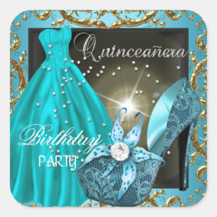 Quinceanera 15. Geburtstagsfeier Türkises Kleid Ro Quadratischer Aufkleber
