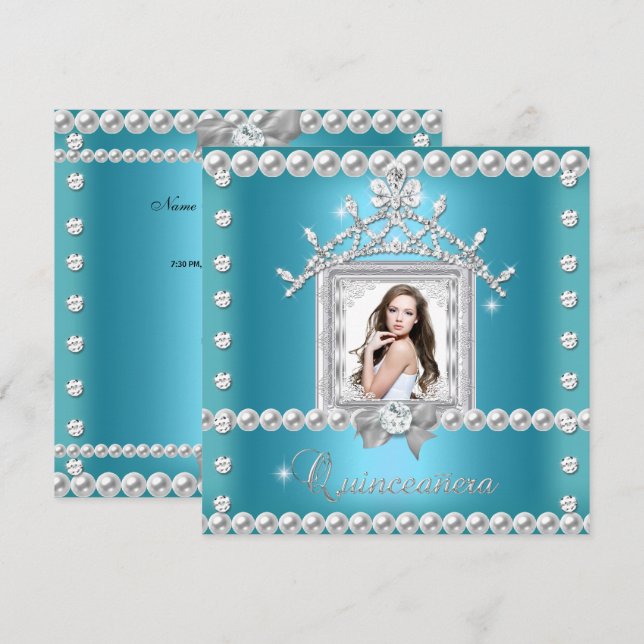 Quinceanera 15. Geburtstagsparty Aquamarin Blue Einladung (Vorne/Hinten)