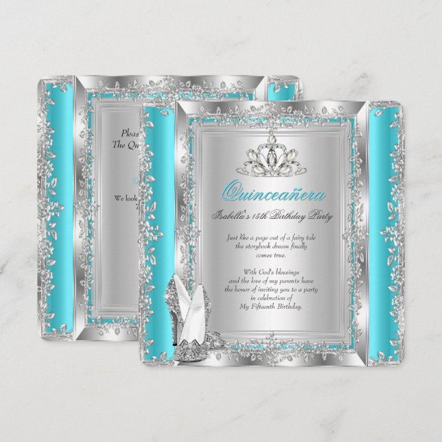 Quinceanera 15. Geburtstagsparty Aquamarine Silber Einladung (Vorne/Hinten)