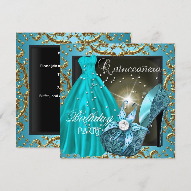 Quinceanera 15. Geburtstagsparty Aquamarines Kleid Einladung (Vorne/Hinten)
