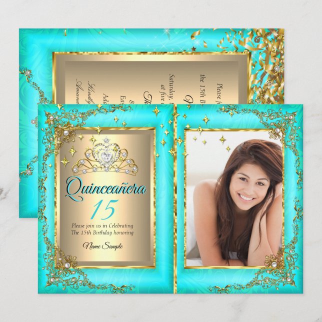 Quinceanera 15. Geburtstagsparty Gold Aquamarines  Einladung (Vorne/Hinten)