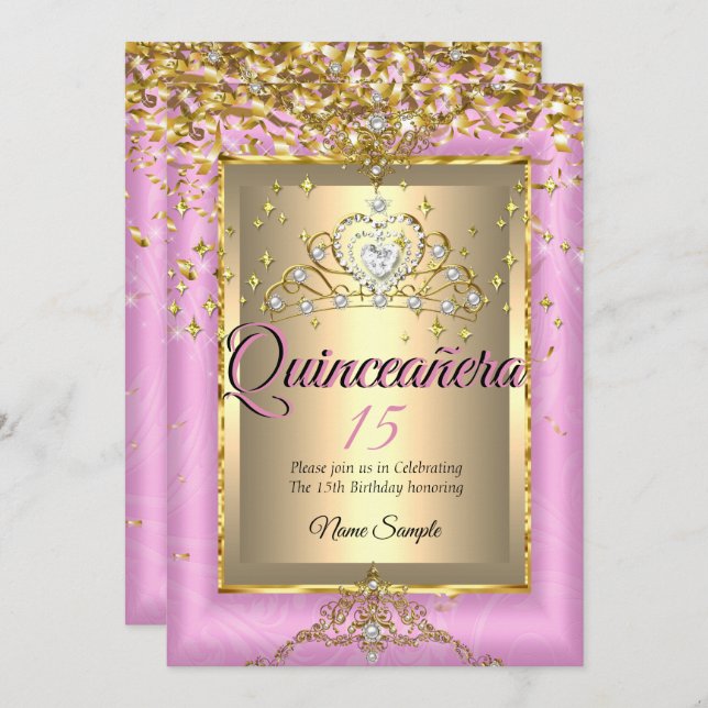 Quinceanera 15. Geburtstagsparty Gold Pink Einladung (Vorne/Hinten)