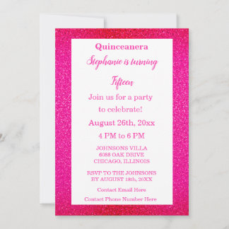 Quinceanera 15. Geburtstagsparty Hot Pink Glitzer Einladung