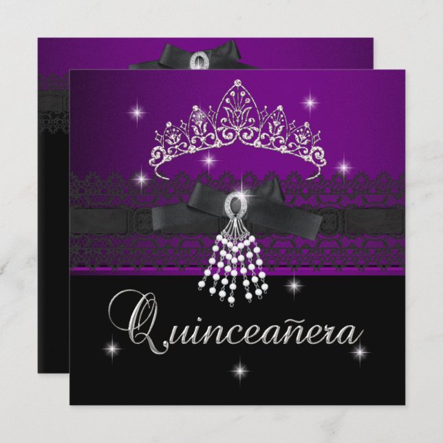 Quinceanera 15. Geburtstagsparty Lila Black Einladung (Vorne/Hinten)