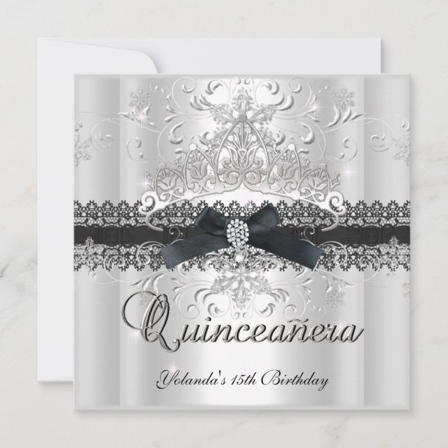 Quinceanera 15. Glitzer Tiara Schwarz-weiß Bow Einladung (Vorderseite)