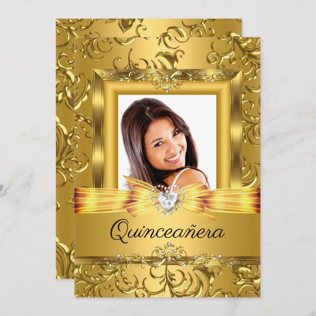Quinceanera 15. Gold Damask Foto Pearl Einladung (Vorne/Hinten)