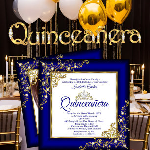 Quinceanera 15. Gold Royal Blau Perlen Tiara Foto Einladung
