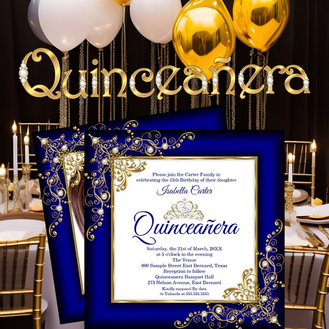 Quinceanera 15. Gold Royal Blue Pearl Tiara Foto Einladung (Von Creator hochgeladen)
