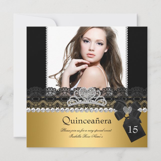 Quinceanera 15. Gold Silver Foto Black Lace Einladung (Vorderseite)