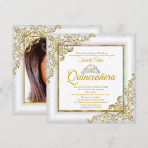 Quinceanera 15. Gold Weiße Perlen Tiara Foto Einladung