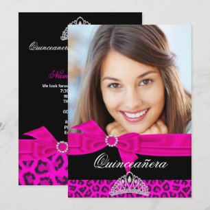 Quinceanera 15. Hochrosa Schwarz Leopard Foto Einladung