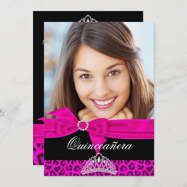 Quinceanera 15. Hot Pink Black Leopard Foto Einladung (Vorne/Hinten)