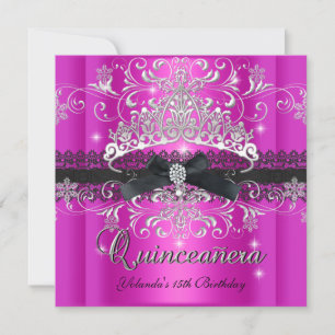 Quinceanera 15. Hot Pink Glitzer Tiara Silver Einladung