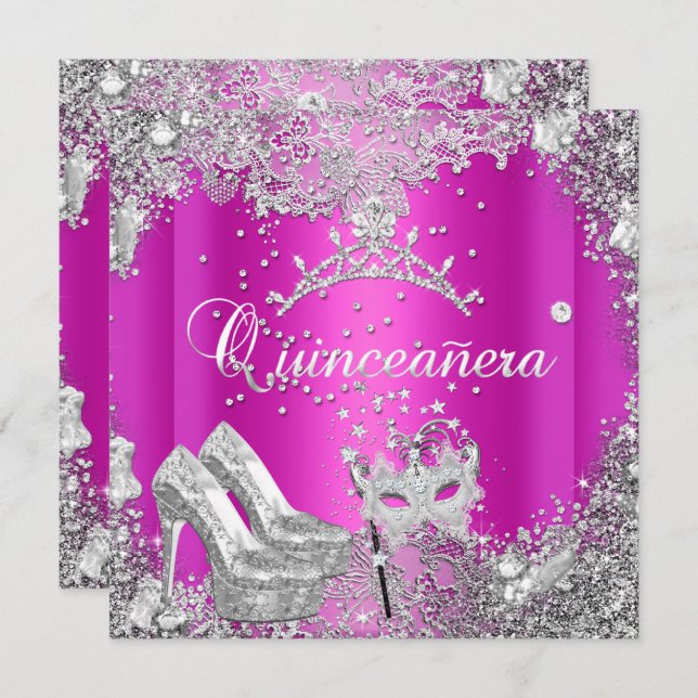 Quinceanera 15. Hot Pink Silver Maske Tiara Einladung (Vorne/Hinten)