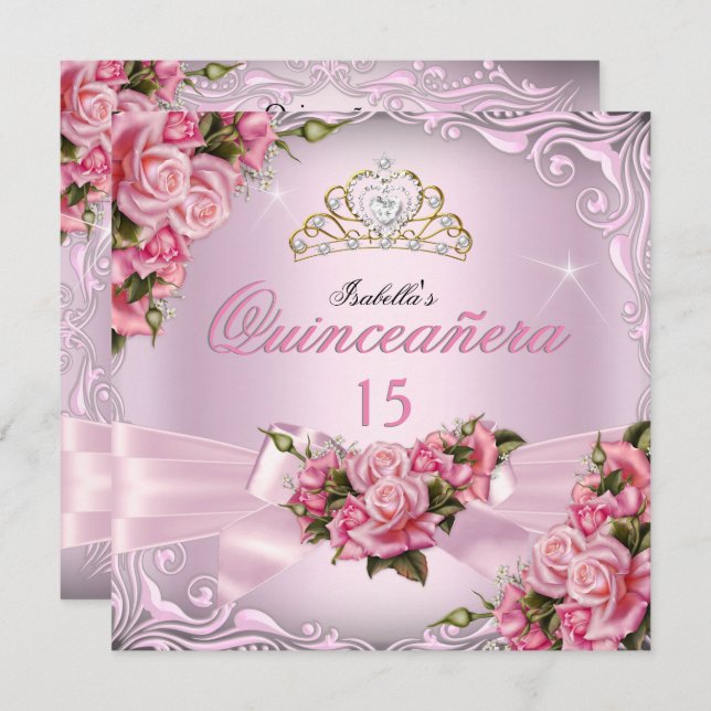 Quinceanera 15. Hübsch Pink Roses Tiara Geburtstag Einladung (Vorne/Hinten)