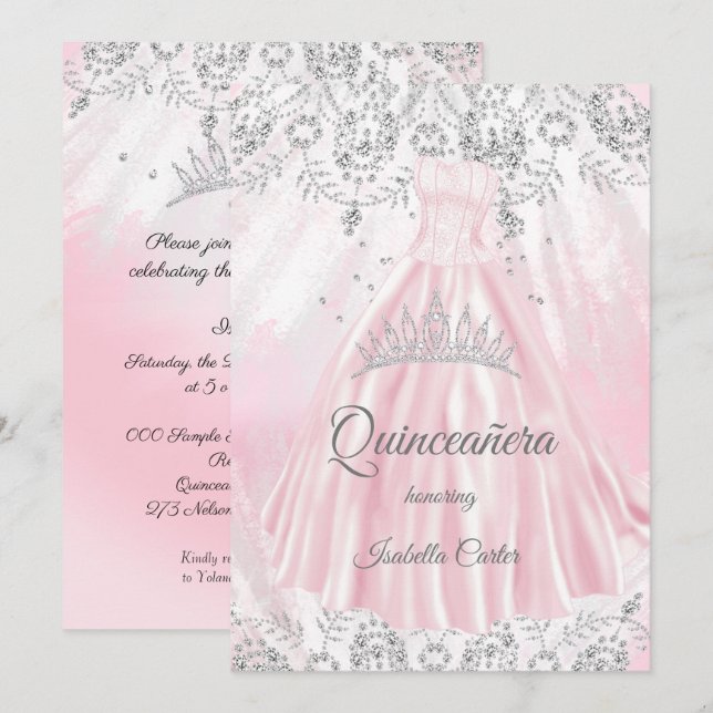 Quinceanera 15. Hübsch Pink Silver Dress Glitzer Einladung (Vorne/Hinten)