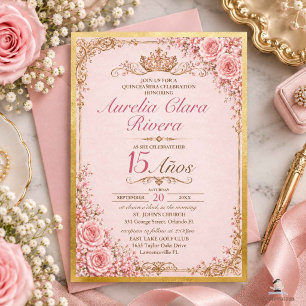 Quinceañera 15 Jahre alte Pink Florale Vintage Gol Einladung