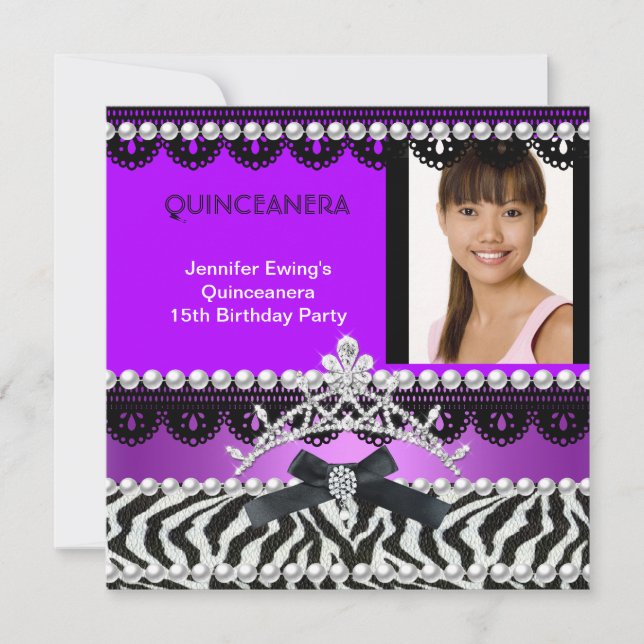 Quinceanera 15. Lila Black Zebra Pearl Tiara Einladung (Vorderseite)