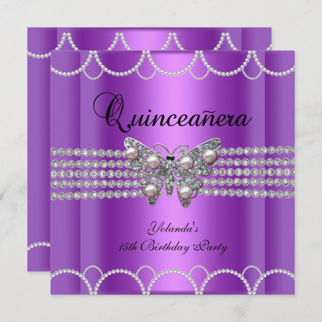 Quinceanera 15. Lila Butterfly Pearl Lace Einladung (Vorne/Hinten)
