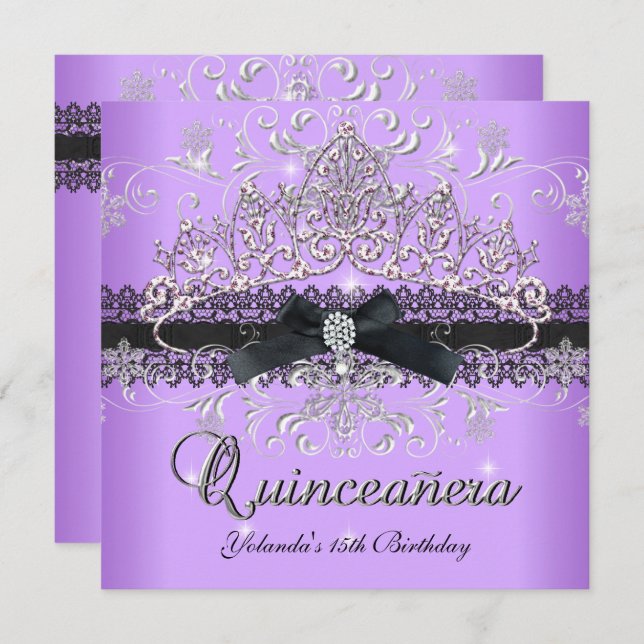 Quinceanera 15. Lila Glitzer Tiara Black Bow Einladung (Vorne/Hinten)