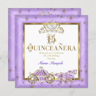 Quinceanera 15. Lila Goldene Tiara Pferdekutsche Einladung