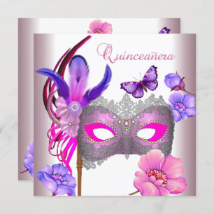 Quinceanera 15. Lila Maske in weißem Rosa Einladung