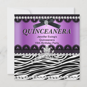 Quinceanera 15. Lila Pink Black Zebra Tiara Einladung
