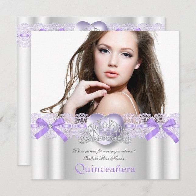 Quinceanera 15. Lila Silberherzen Foto 2 Einladung (Vorne/Hinten)