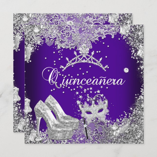 Quinceanera 15. Lila Silbermaske Tiara Einladung (Vorne/Hinten)