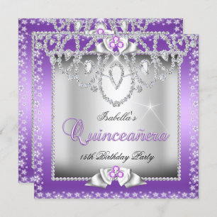 Quinceanera 15. Lila Silver Diamond Tiara Einladung