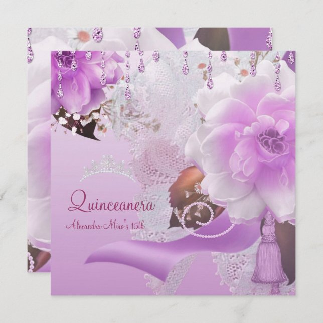 Quinceanera 15. Lilac Pink Floral White Einladung (Vorne/Hinten)