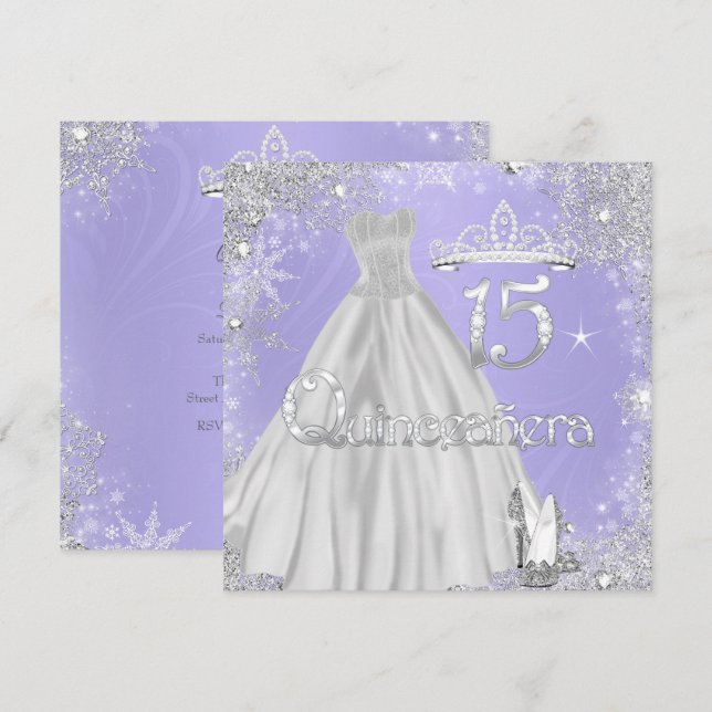 Quinceanera 15. Lilac Silver Snowflakes Party Einladung (Vorne/Hinten)