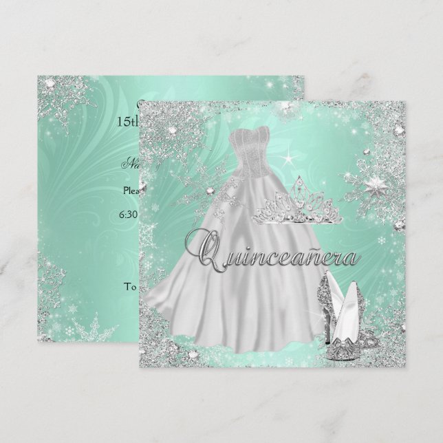Quinceanera 15. Mint Silver Geburtstagsparty Einladung (Vorne/Hinten)