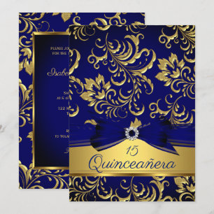 Quinceanera 15. Navy Blau Gold Blumen Damast Bogen Einladung
