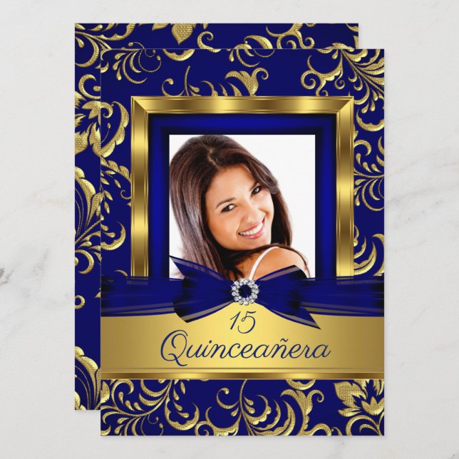 Quinceanera 15. Navy Blue Gold Floral Foto Einladung (Vorne/Hinten)