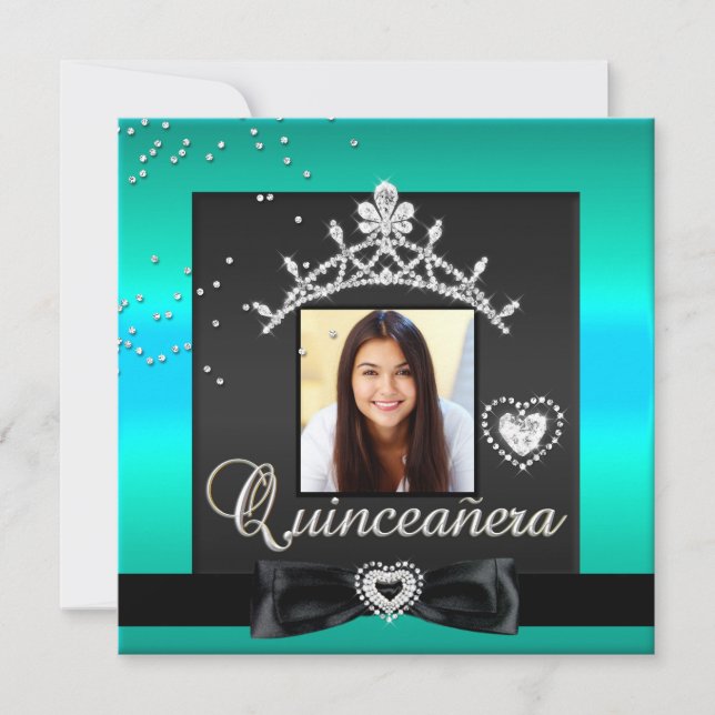 Quinceanera 15. Party Aquamarin Silver Black Einladung (Vorderseite)