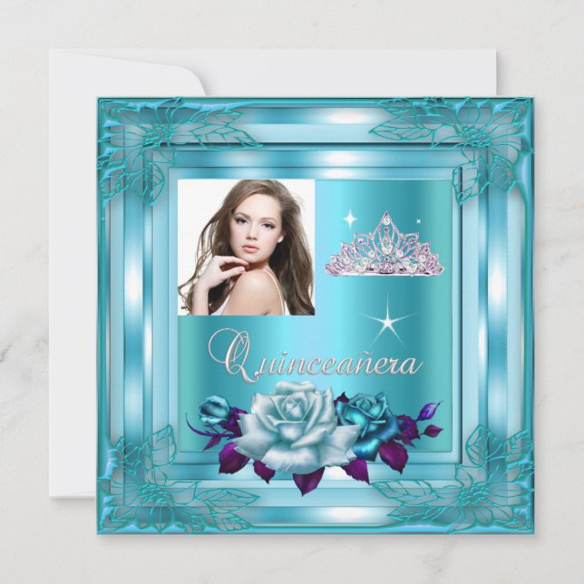 Quinceanera 15 Party Blaue Aquamarine Rose Foto Einladung (Vorderseite)