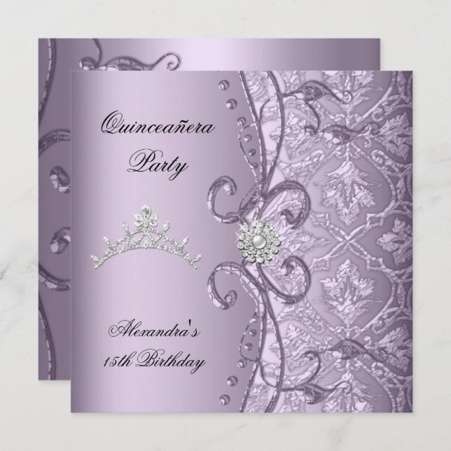 Quinceanera 15. Party Damask Lilac Jewel Image Einladung (Vorne/Hinten)