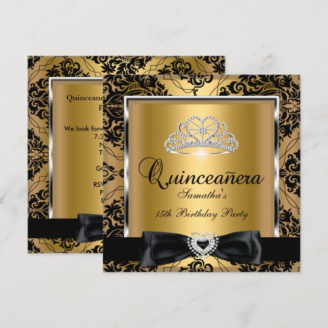 Quinceanera 15. Party Gold Damask Silver Black Einladung (Vorne/Hinten)