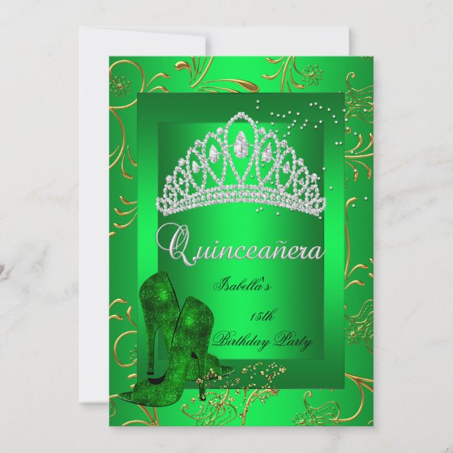 Quinceañera 15. Party Gold Green Glitzer Look Einladung (Vorderseite)