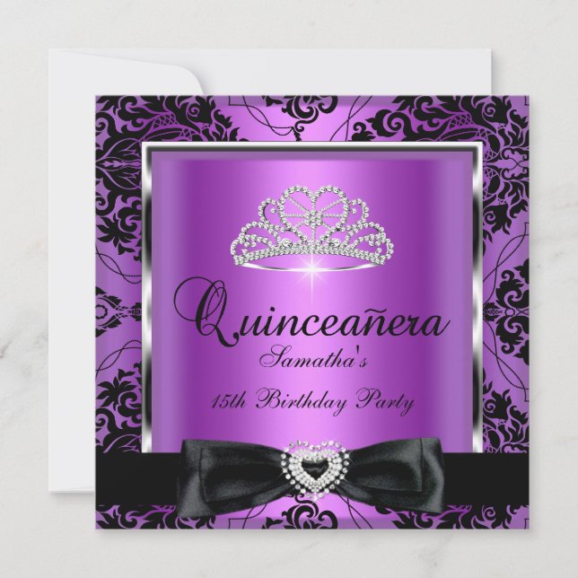 Quinceanera 15. Party Lila Damask Silver Black Einladung (Vorderseite)