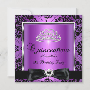 Quinceanera 15. Party Lila Damask Silver Black Einladung